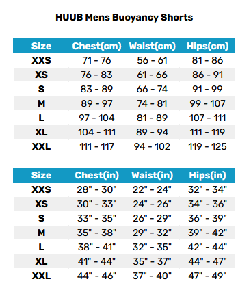 2025 HUUB Mens Buoyancy Shorts 0 Size Chart